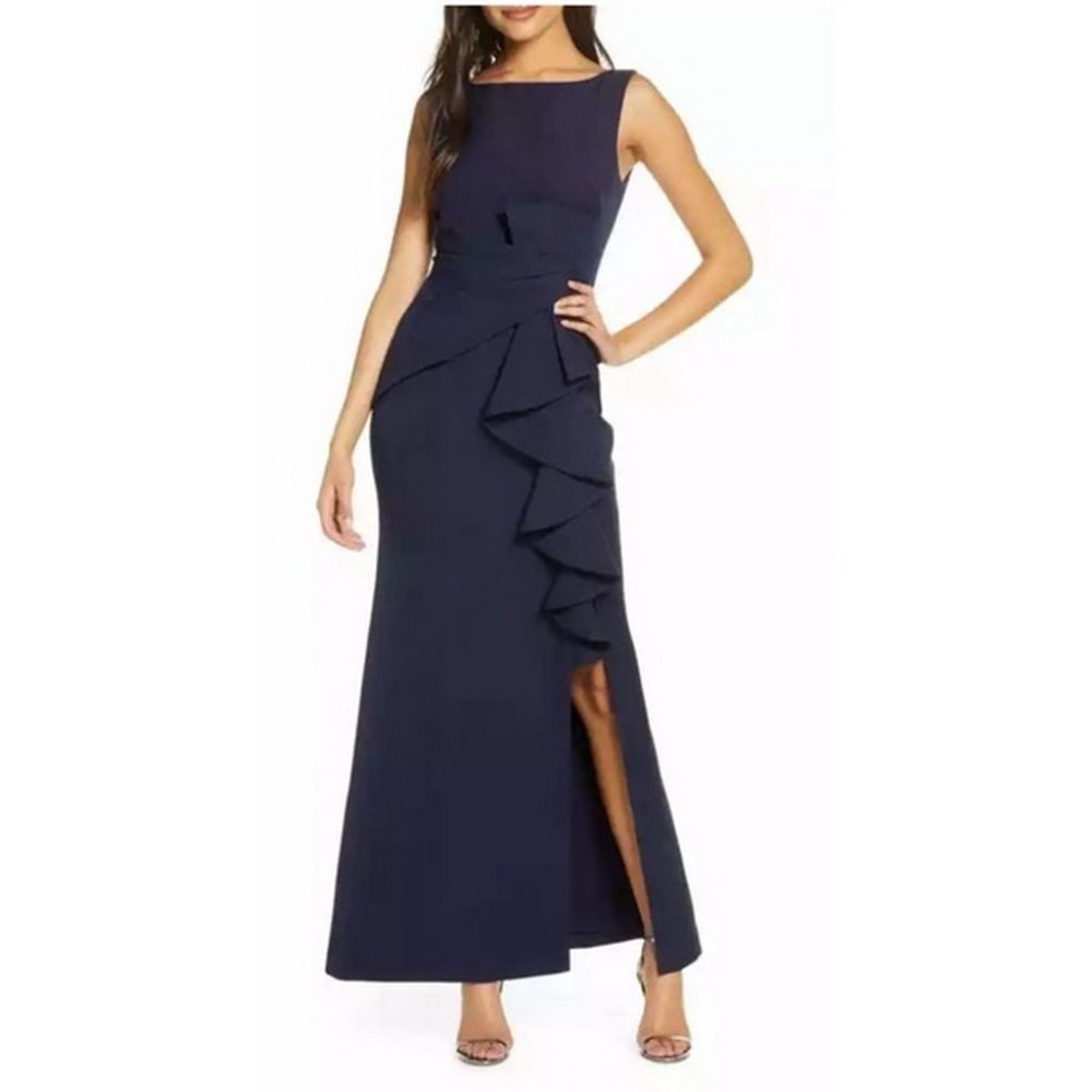 Eliza J Navy Blue Sleeveless Cascading Ruffle Gown